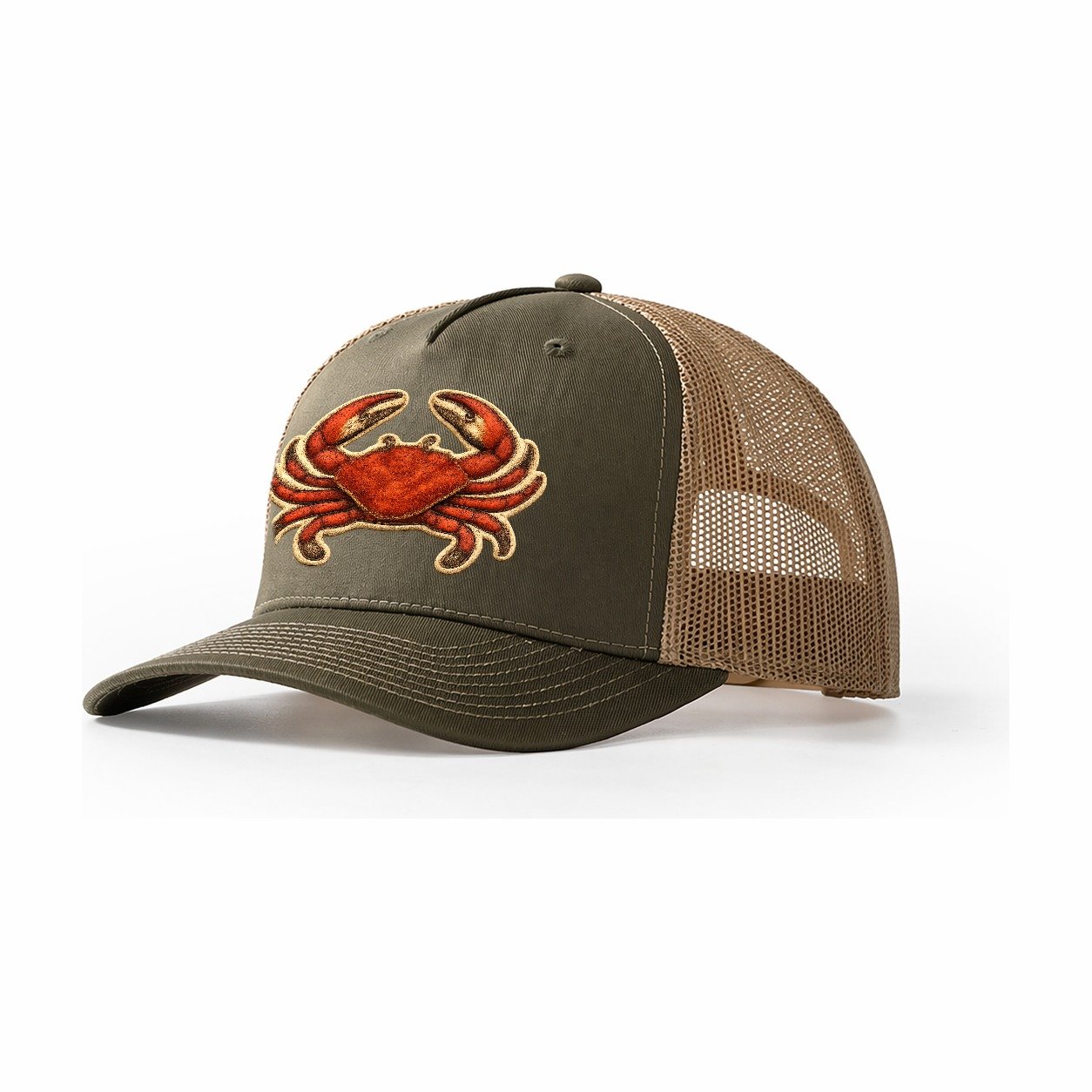 Crab Claws Red Crab In Scarlet And Orange Seafood Trucker Hat – Olive-Khaki