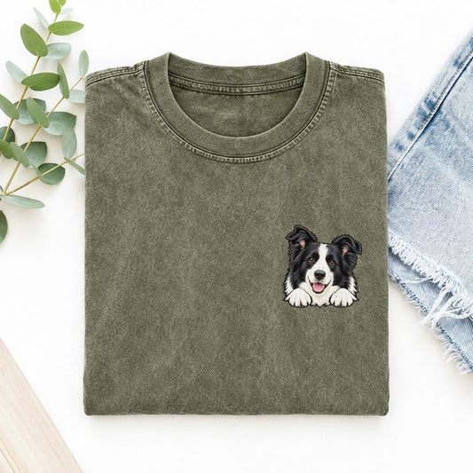 Border Collie Left Chest Vintage T-shirt – Army Green