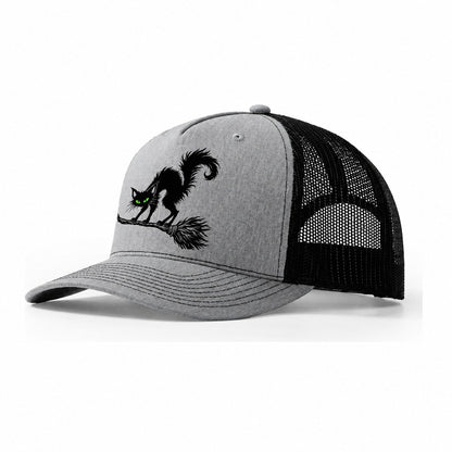 Black Cat Arched On A Broomstick Witch Magic Trucker Hat – Sport Grey Black