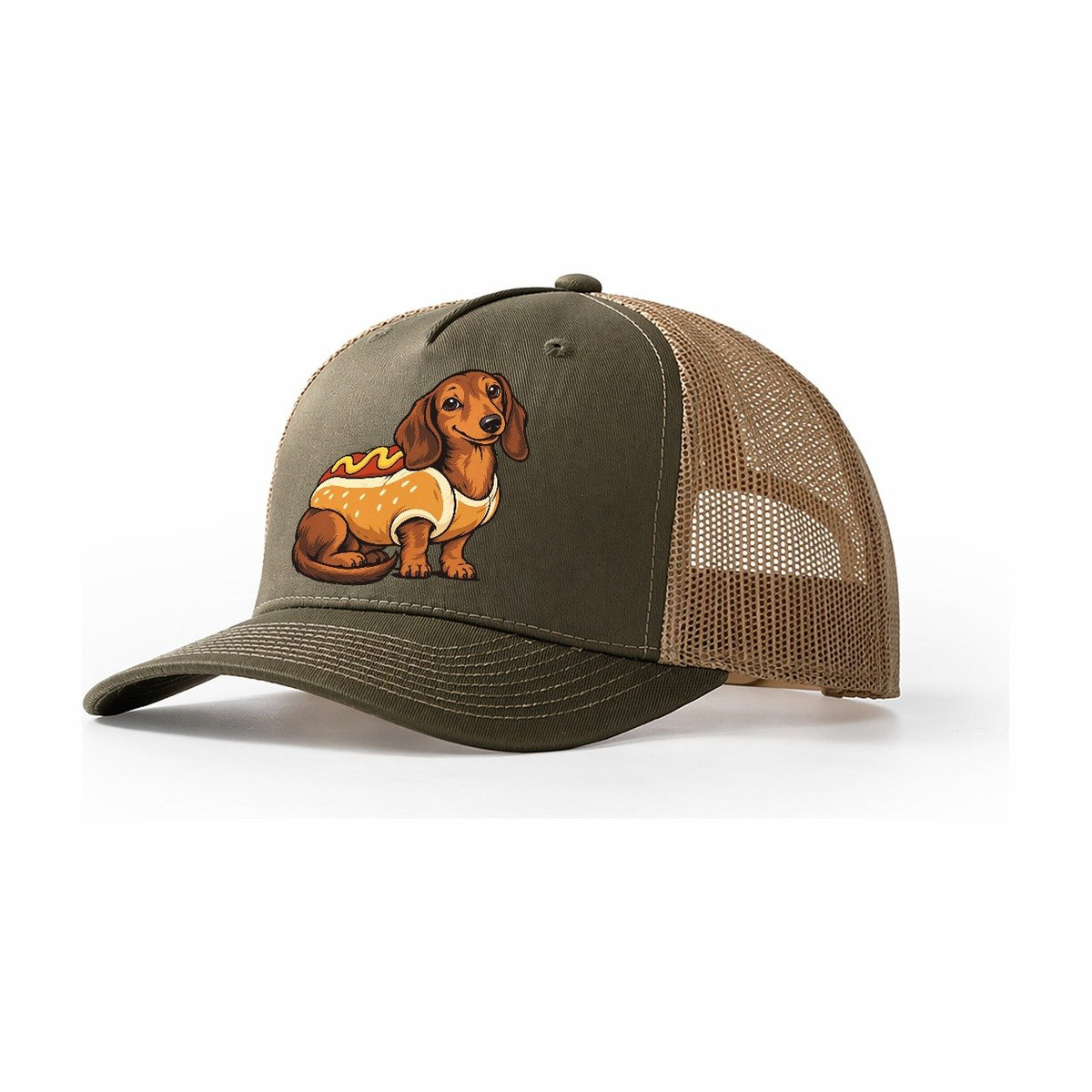 One Dachshund In Halloween Costume Hot Dog Bun Costume With Mustard Squiggle Halloween Dog Parade Trucker Hat – Olive Khaki