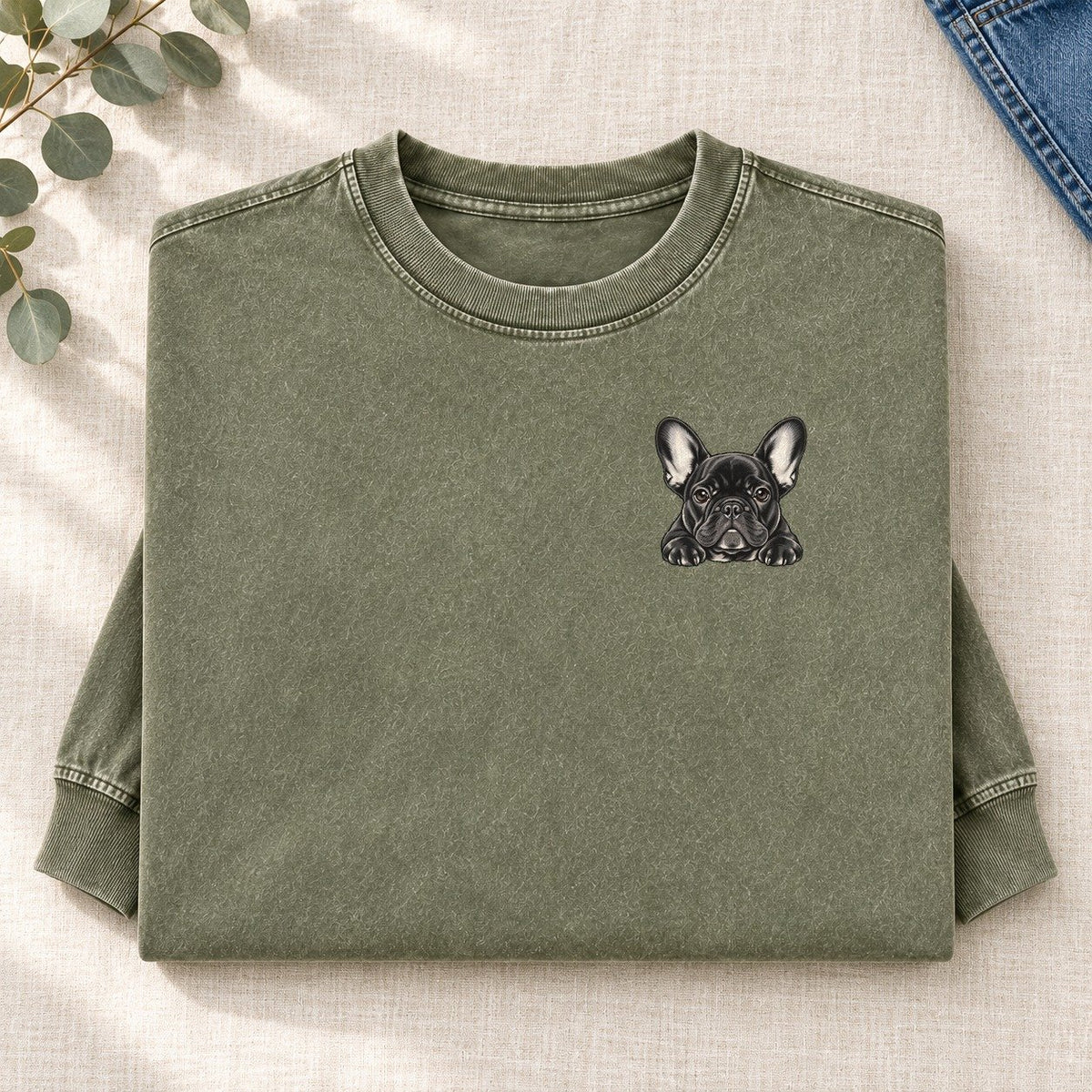 French Bulldog Left Chest Washed Long Sleeve T-Shirt – Army Green
