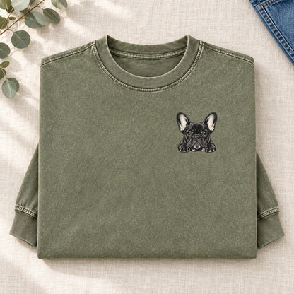French Bulldog Left Chest Washed Long Sleeve T-Shirt – Army Green