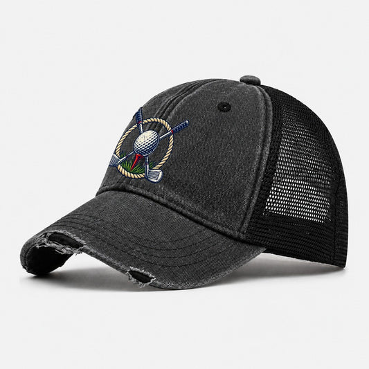 Crossed Clubs Crest Golf Life Washed Trucker Hat – Black