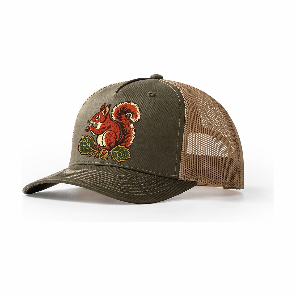Lake District Red Squirrel And Hazelnuts Uk Culture Heritage Trucker Hat – Olive Khaki