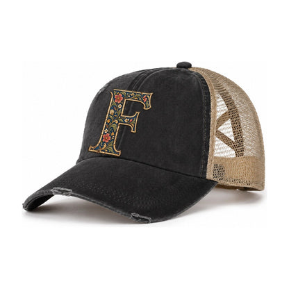 Wildflower F Monogram Women's Ponytail Trucker Hat – Washed Black Khaki