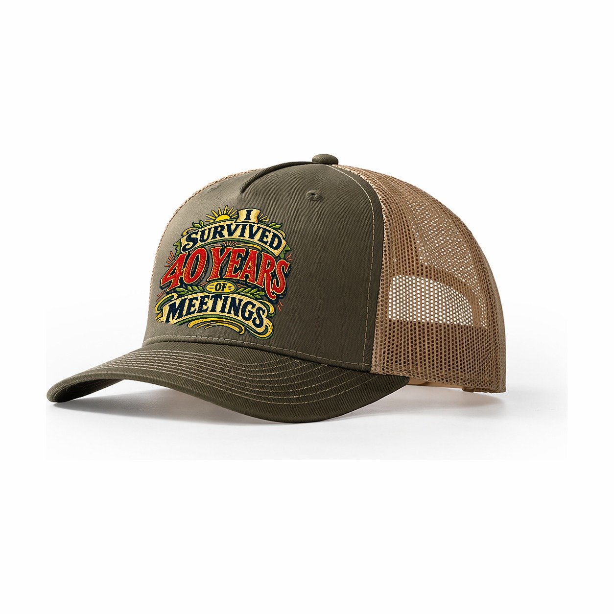I Survived 40 Years Of Meetings Retired Living Trucker Hat – Olive Khaki