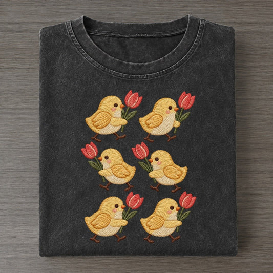 Chicks With Flowers Single File Vintage T-shirt – Black