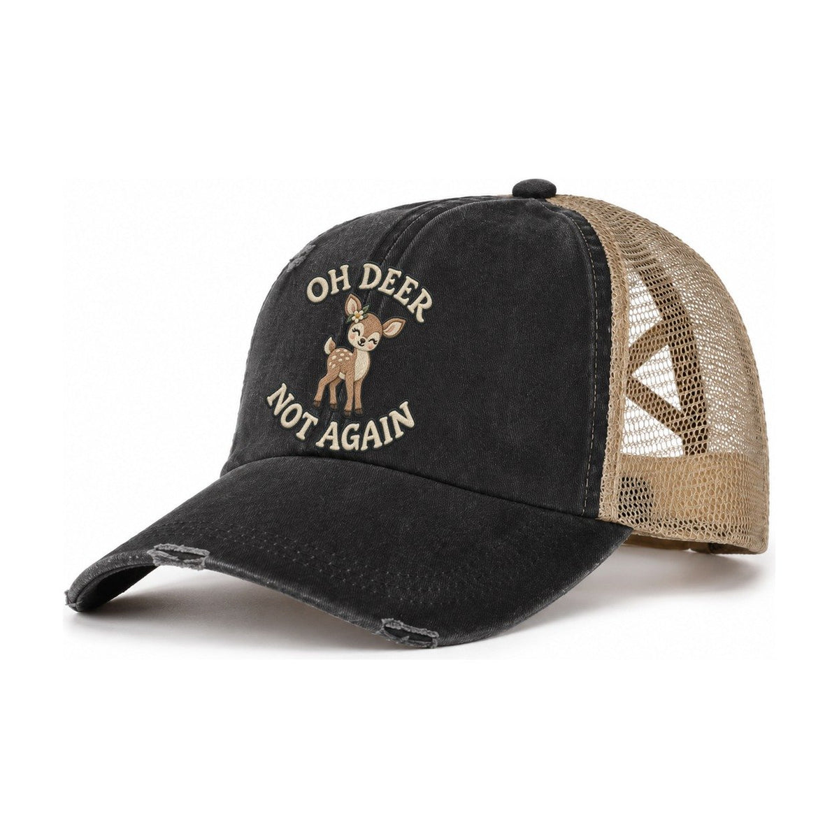 Deer Animal Puns Women's Ponytail Trucker Hat – Washed Black Khaki