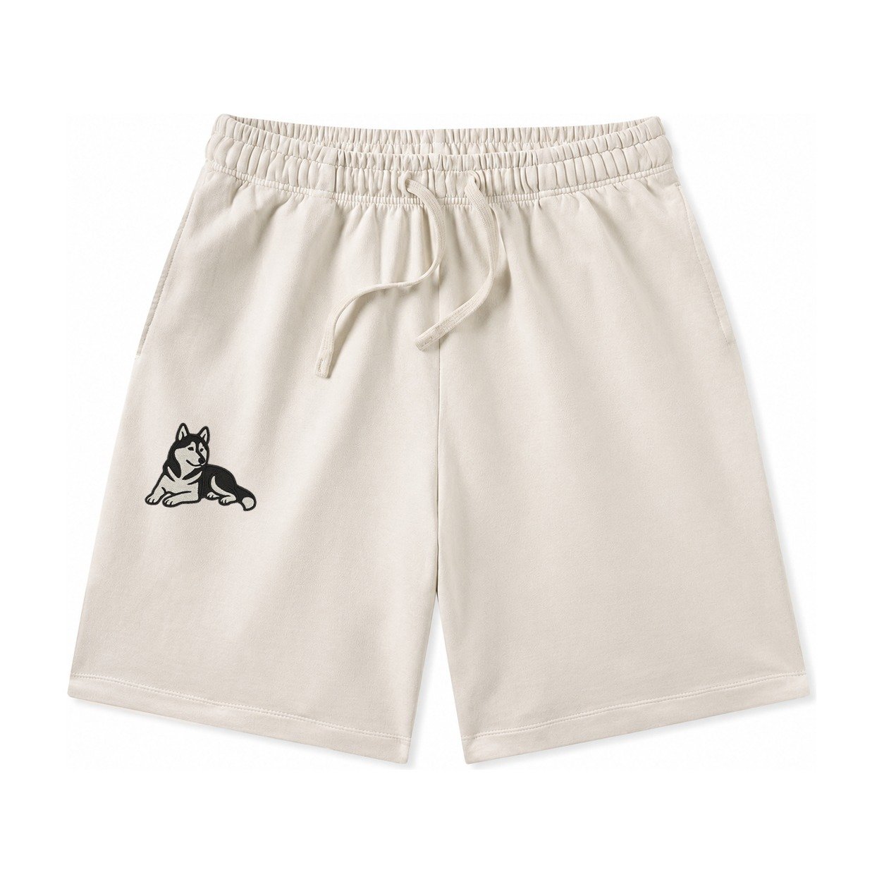 Siberian Husky Black And White Relaxed Lying Down With Head Washed Shorts – Beige