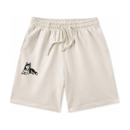 Siberian Husky Black And White Relaxed Lying Down With Head Washed Shorts – Beige