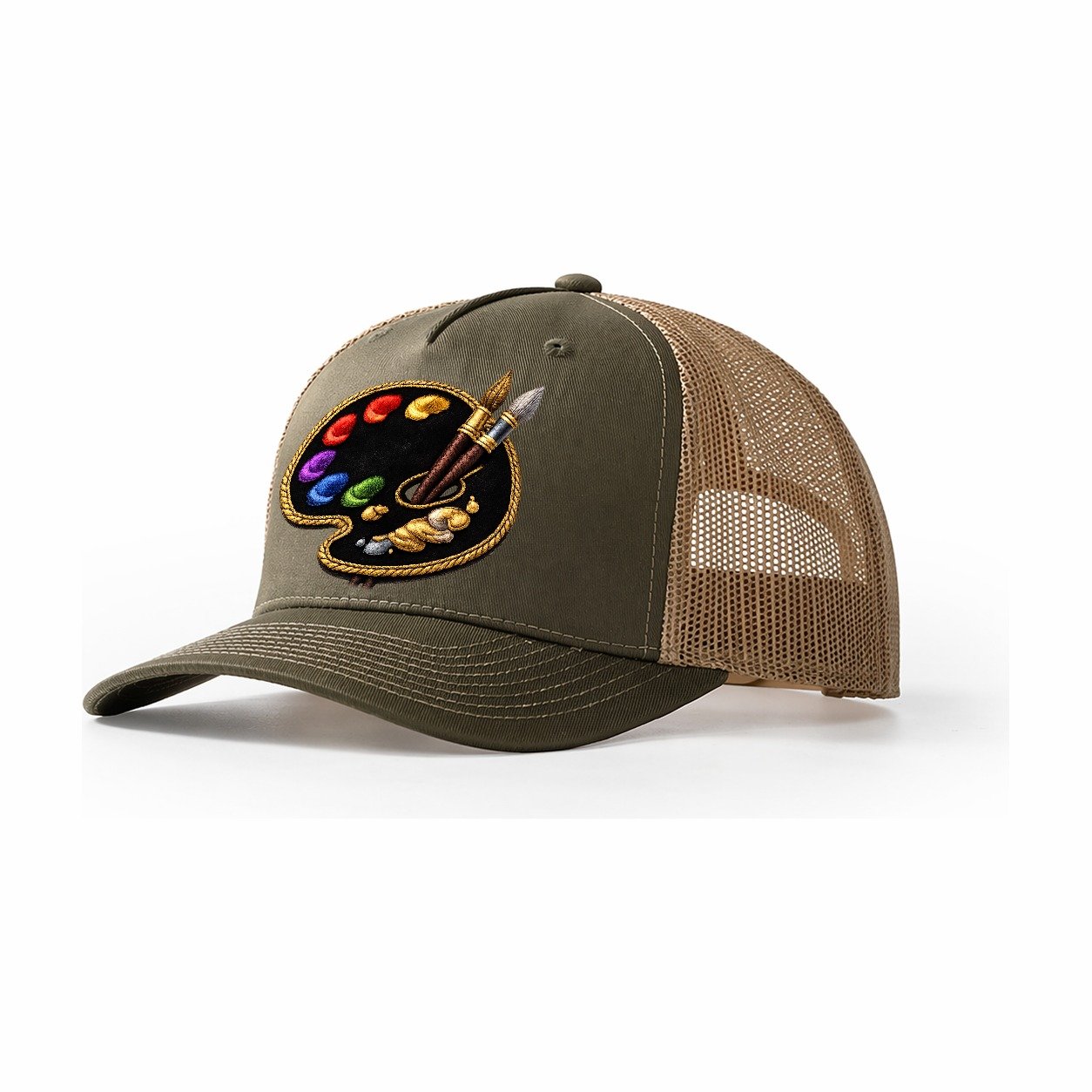 Artist Palette Rainbow Paints Embroidered Ea4b33 Trucker Hat – Olive-Khaki