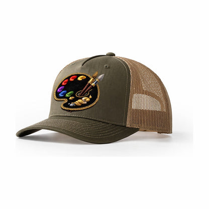 Artist Palette Rainbow Paints Embroidered Ea4b33 Trucker Hat – Olive-Khaki