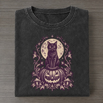 Black Cat Jack O Lantern Midnight Haunt Vintage T-shirt – Black