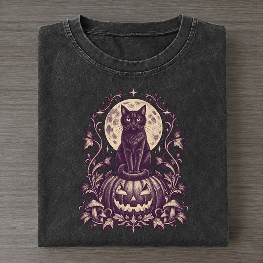 Black Cat Jack O Lantern Midnight Haunt Vintage T-shirt – Black