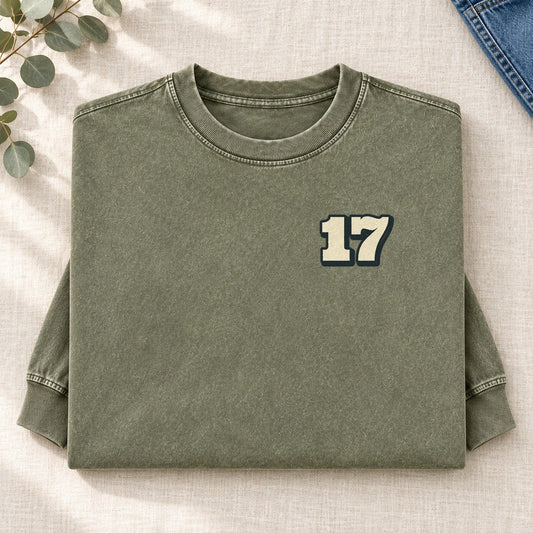 Number 17 Left Chest Washed Long Sleeve T-Shirt – Army Green