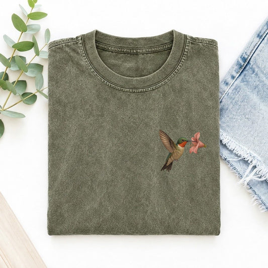 Hummingbird Haven Left Chest Vintage T-shirt – Army Green