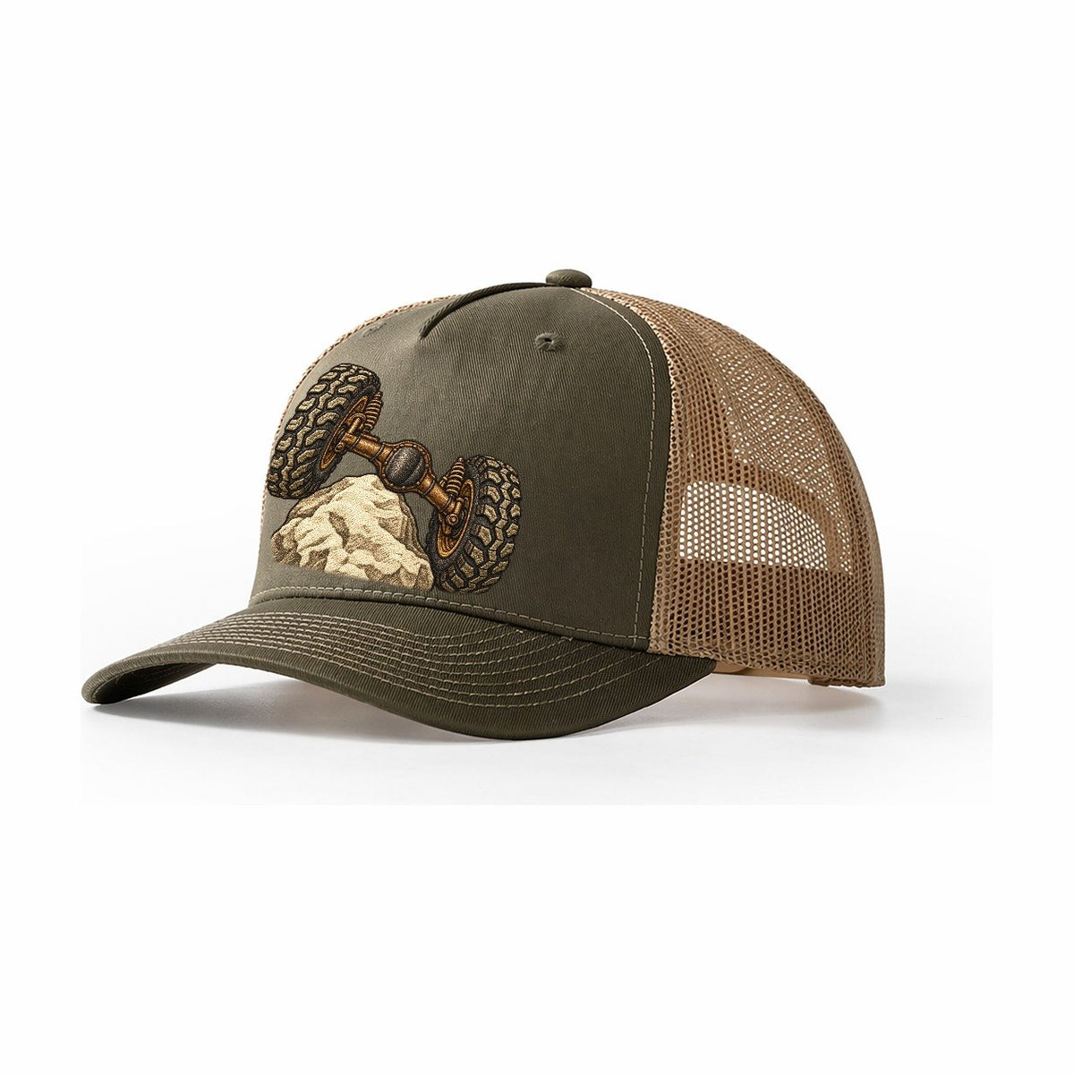 Articulated Axle Over A Rock Off Roading And Overlanding Trucker Hat – Olive Khaki