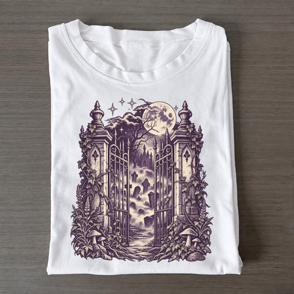 Cemetery Gate In Fog Midnight Haunt Classic T-shirt – White