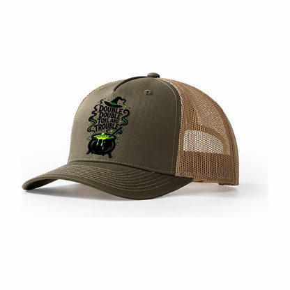 Double Double Toil And Trouble Slogan Witch Magic Trucker Hat – Olive Khaki