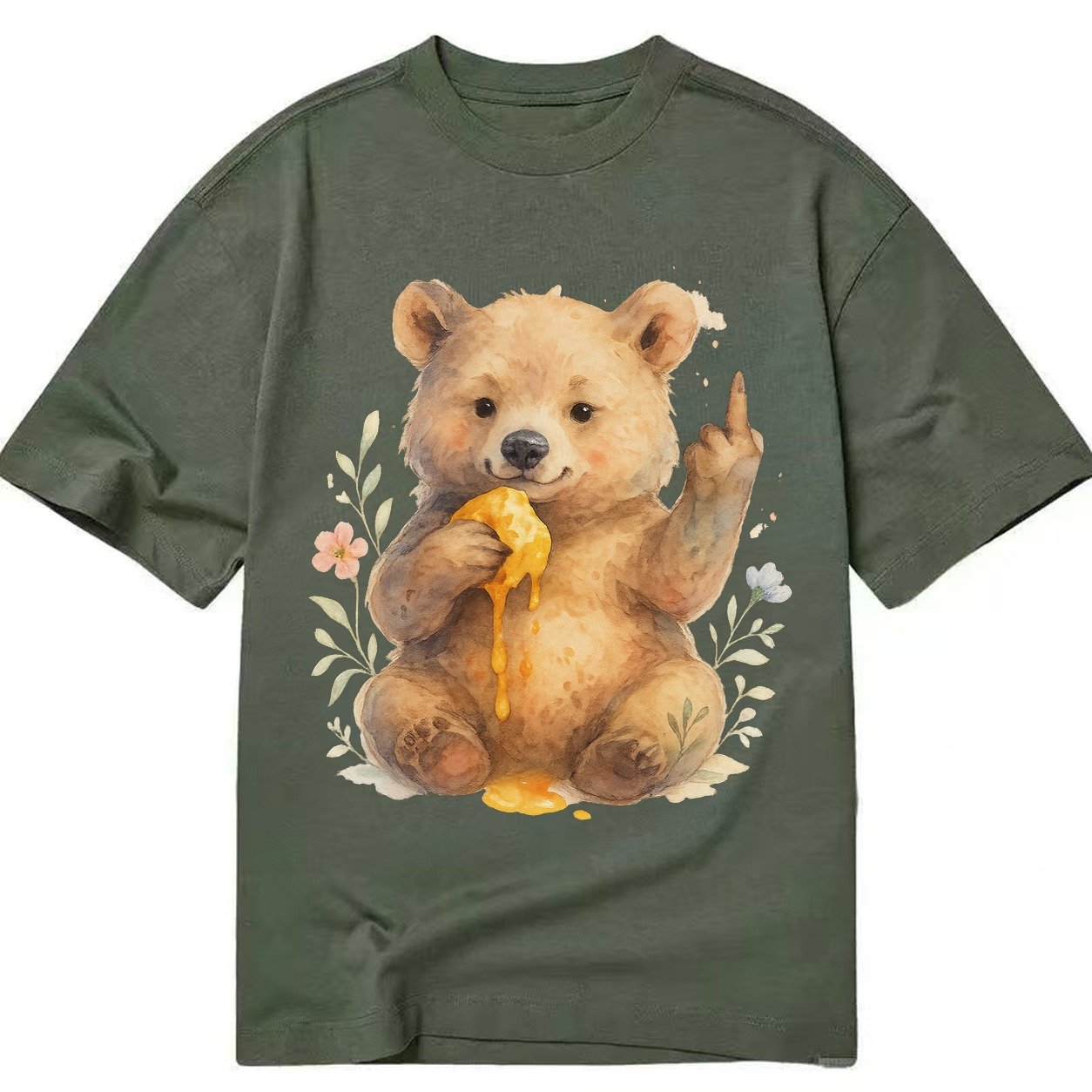 Chubby Bear Cub Eating Dripping Honey Sticky Paw Up With Mid Classic T-shirt – Army Green