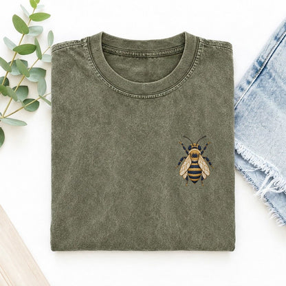 Honey Bee Symbol Emblems Left Chest Vintage T-shirt – Army Green