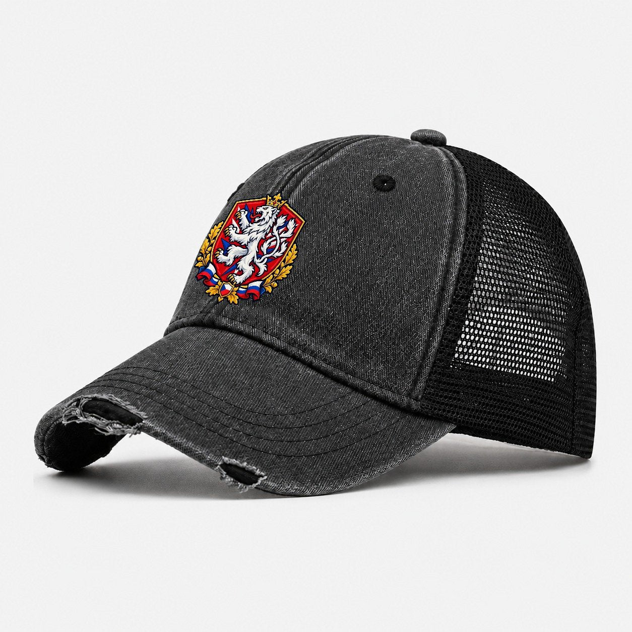 Czech Republic Heraldic Crest Country Logos Washed Trucker Hat – Black