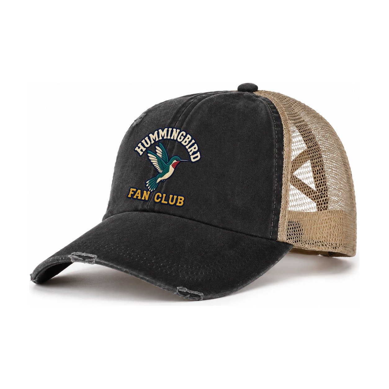 Hummingbird Fan Club Women's Ponytail Trucker Hat – Washed Black Khaki