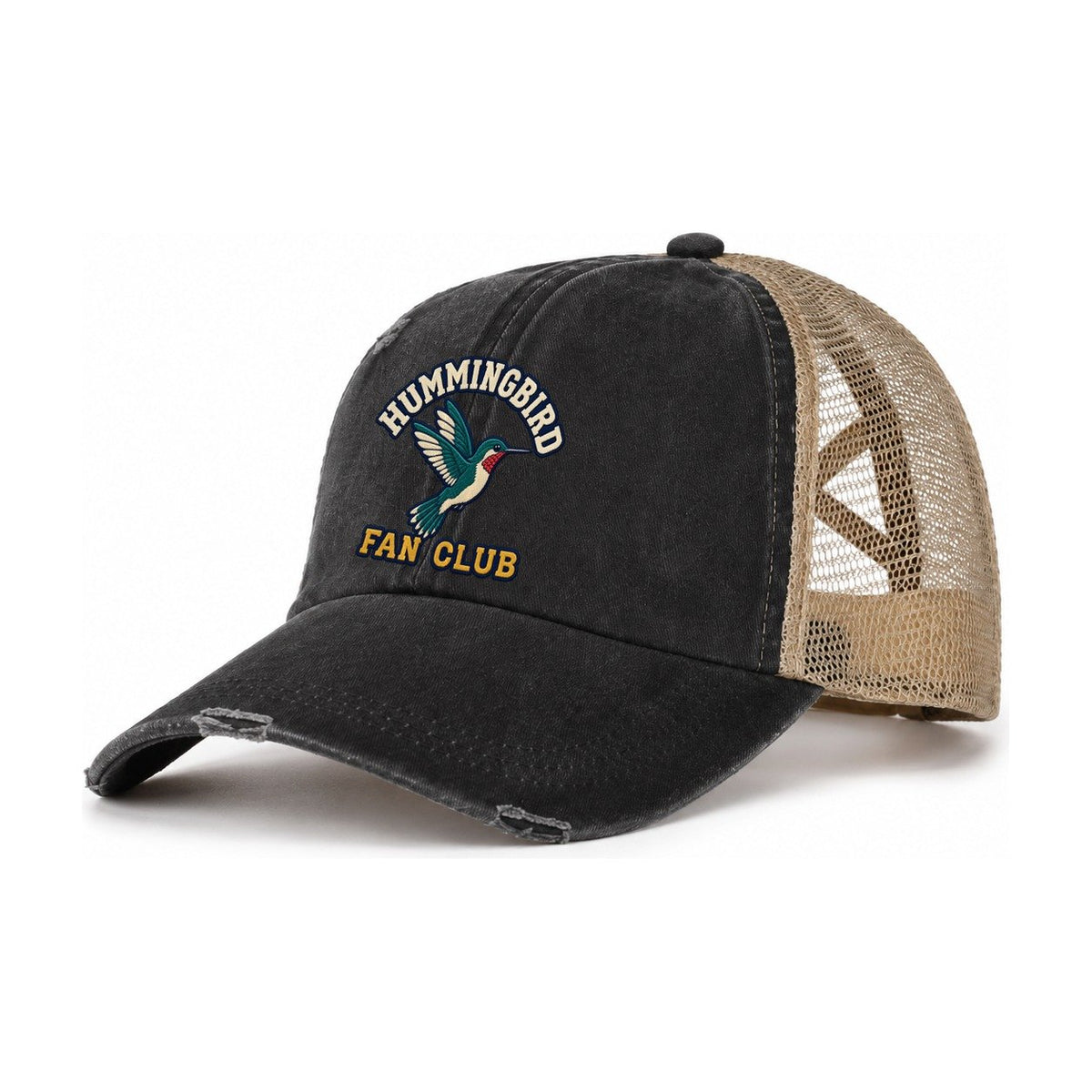 Hummingbird Fan Club Women's Ponytail Trucker Hat – Washed Black Khaki