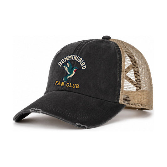 Hummingbird Fan Club Women's Ponytail Trucker Hat – Washed Black Khaki