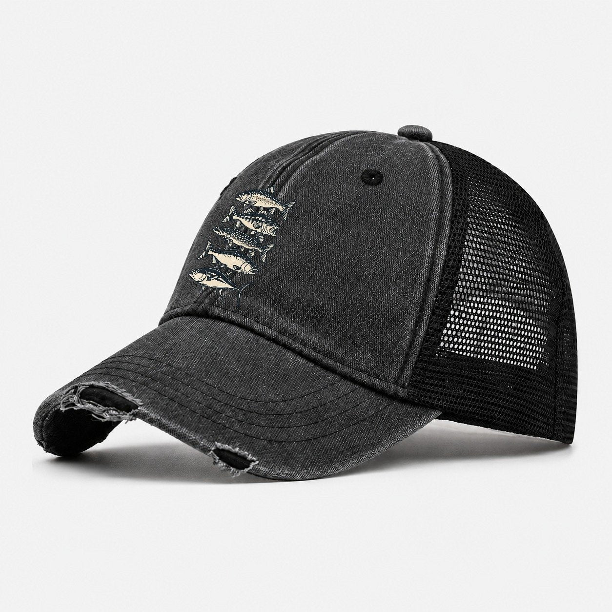 Fish School Stack Fishing Elegant Washed Trucker Hat – Black