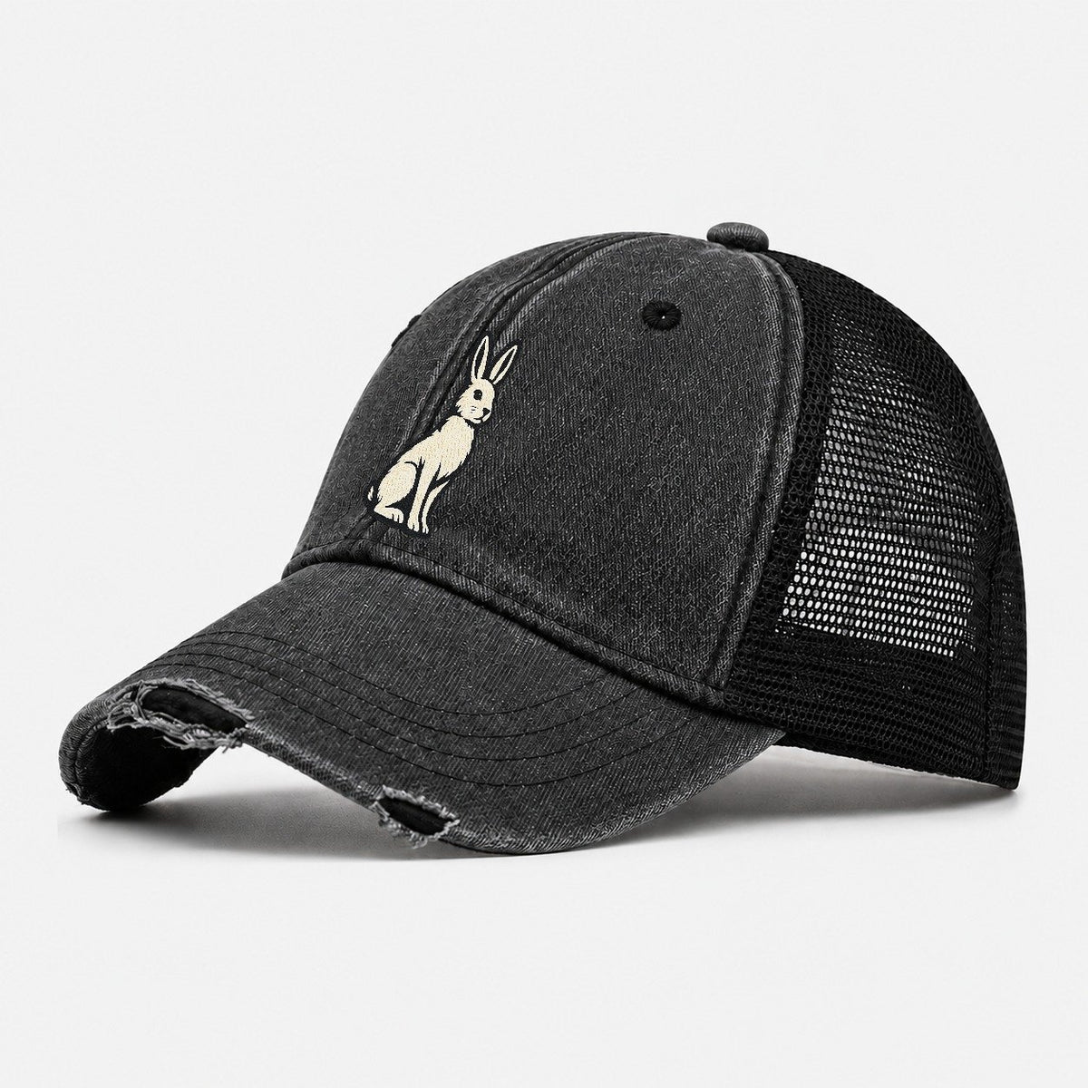 Cream Rabbit Profile Washed Trucker Hat – Black