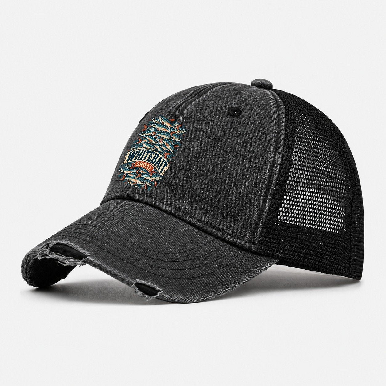 Whitebait Shoal Stack Fishing Club Washed Trucker Hat – Black