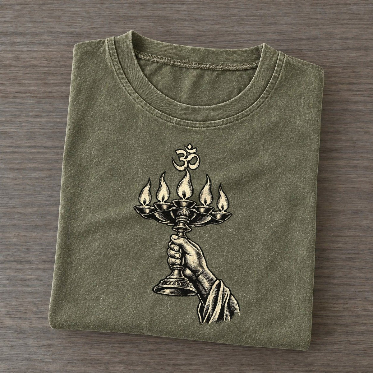 Hindu Aarti Lamp World Faiths Ink Figures Vintage T-shirt – Army Green