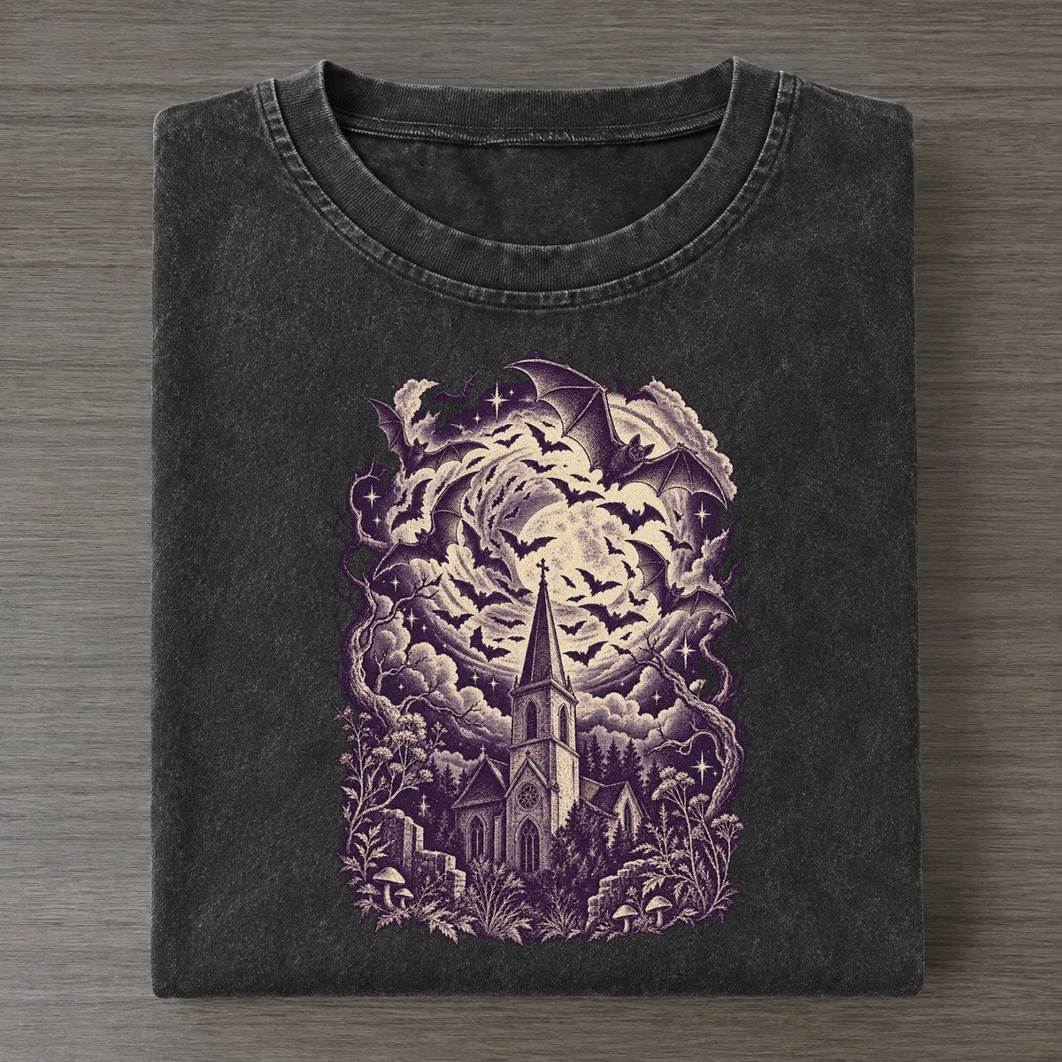 Bats Over The Steeple Midnight Haunt Vintage T-shirt – Black