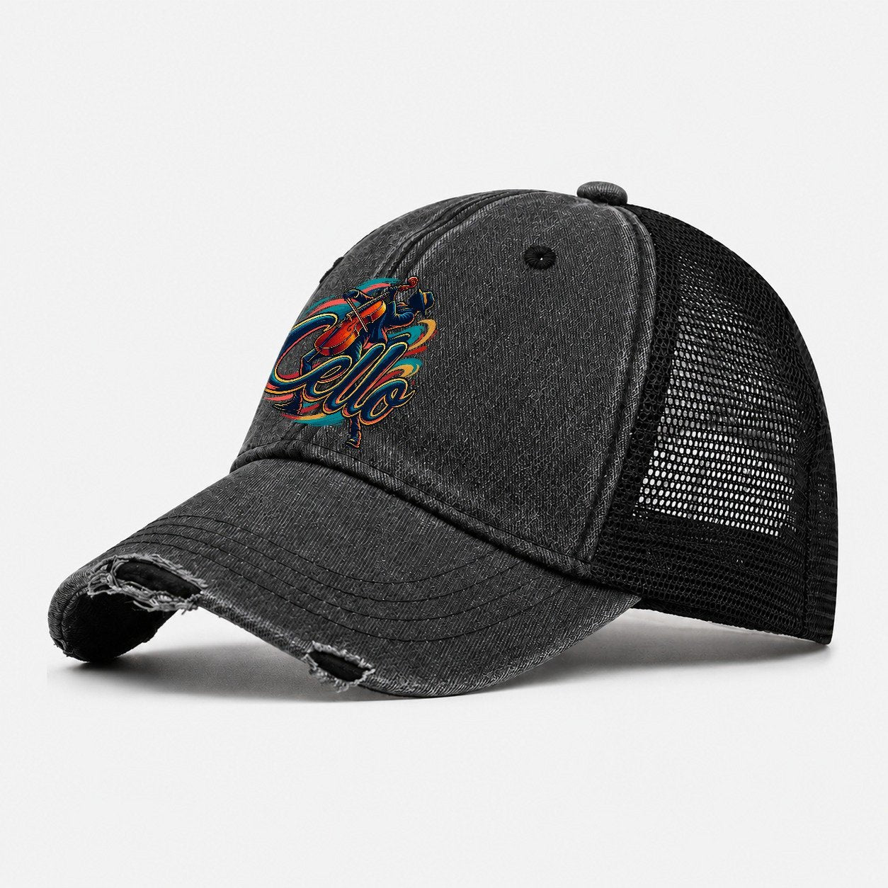 Cello Wordmark Music Instruments Washed Trucker Hat – Black