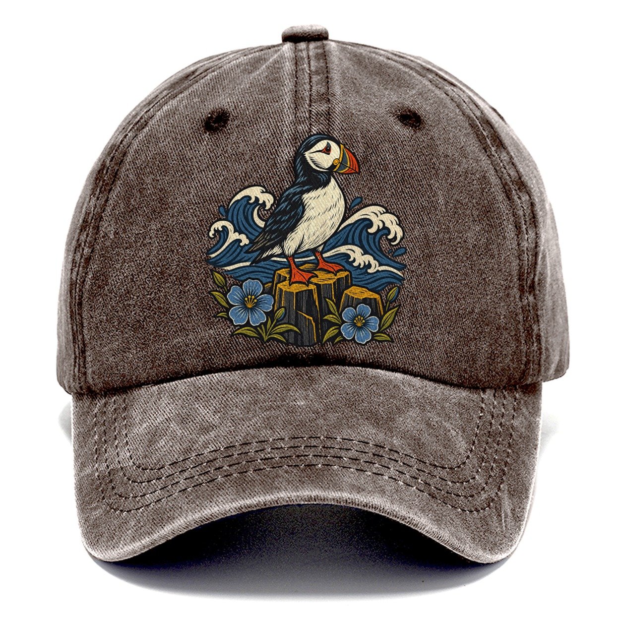 Causeway Coast Puffin And Flax Flowers Uk Culture Heritage Classic Cap – Brown