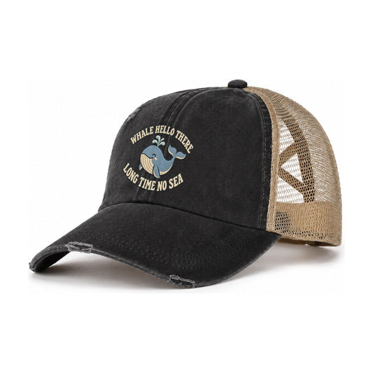 Whale Animal Puns Women's Ponytail Trucker Hat – Washed Black Khaki