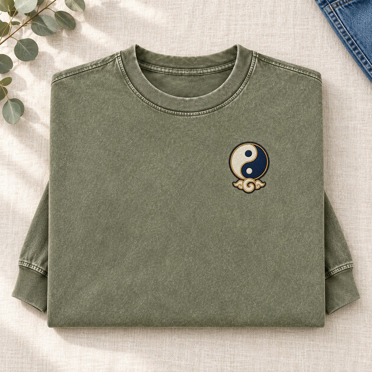 Yin Yang Cloud Symbol Emblems Left Chest Washed Long Sleeve T-Shirt – Army Green