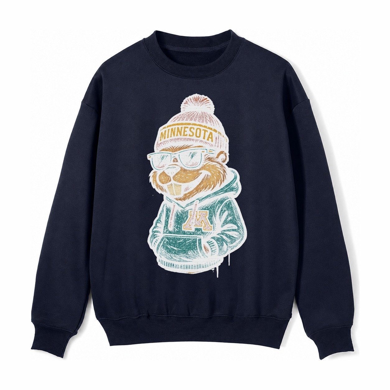 Minneapolis Gopher Wearing Minnesota Beanie With M Patch Fleece Sweatshirt – Navy Blue