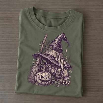 Witch Hat Broom And Spellbook Midnight Haunt Classic T-shirt – Army Green