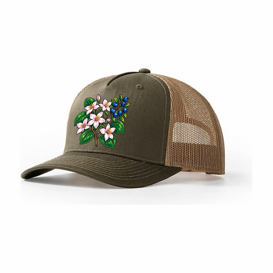 Nova Scotia Mayflower And Wild Blueberries Canada Cultural Icons Trucker Hat – Olive Khaki