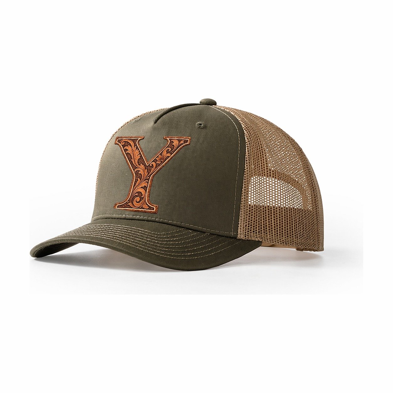Tooled Leather Y Monogram Trucker Hat – Olive Khaki