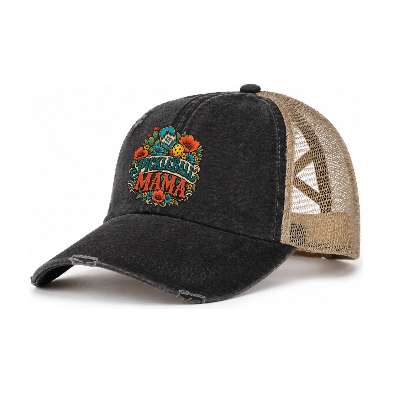 Pickleball Mama Pickleball Life Women's Ponytail Trucker Hat – Washed Black Khaki