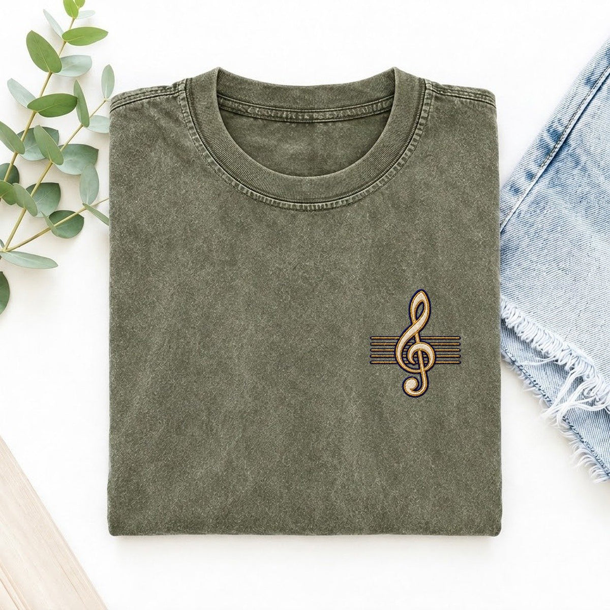 Treble Clef Symbol Emblems Left Chest Vintage T-shirt – Army Green