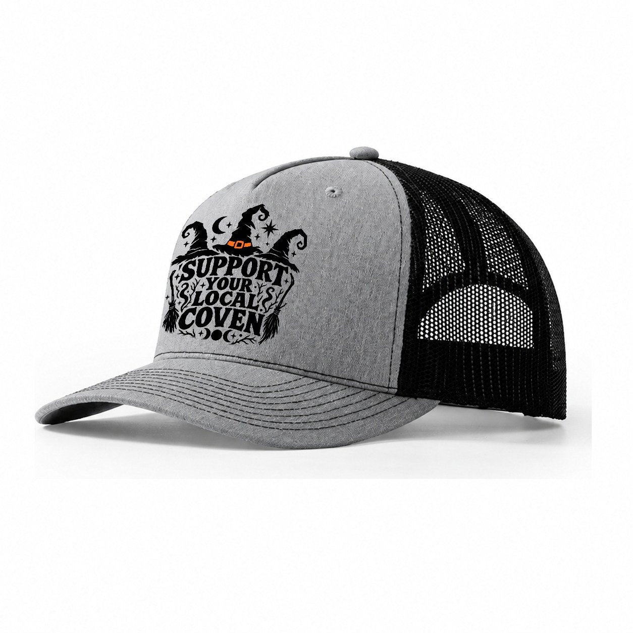 Support Your Local Coven Slogan Witch Magic Trucker Hat – Sport Grey Black
