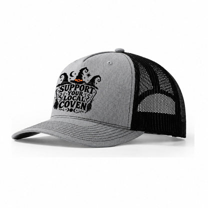 Support Your Local Coven Slogan Witch Magic Trucker Hat – Sport Grey Black