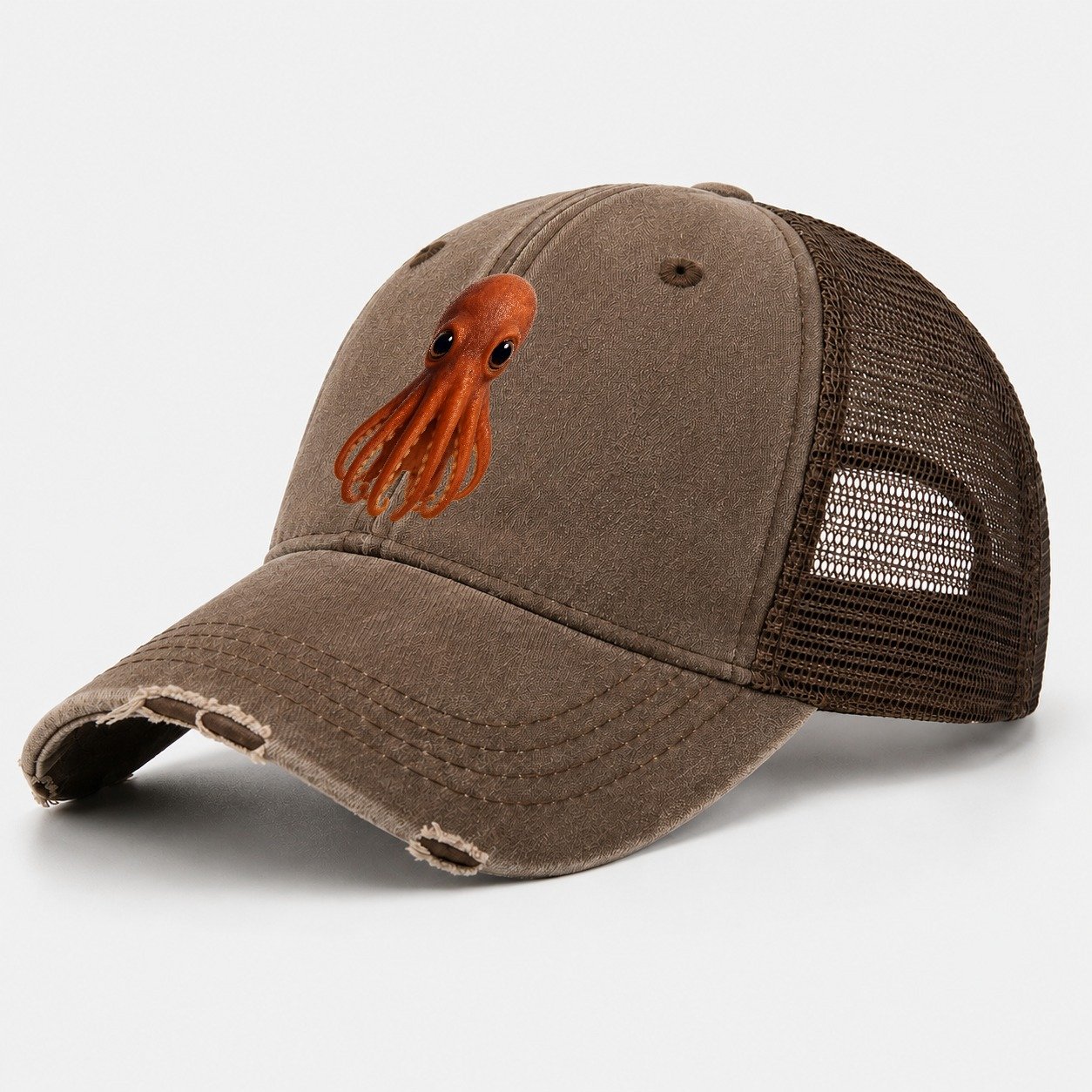 Baby Giant Pacific Octopus Reddish Smaller Tentacles Express Washed Trucker Hat – Coffee