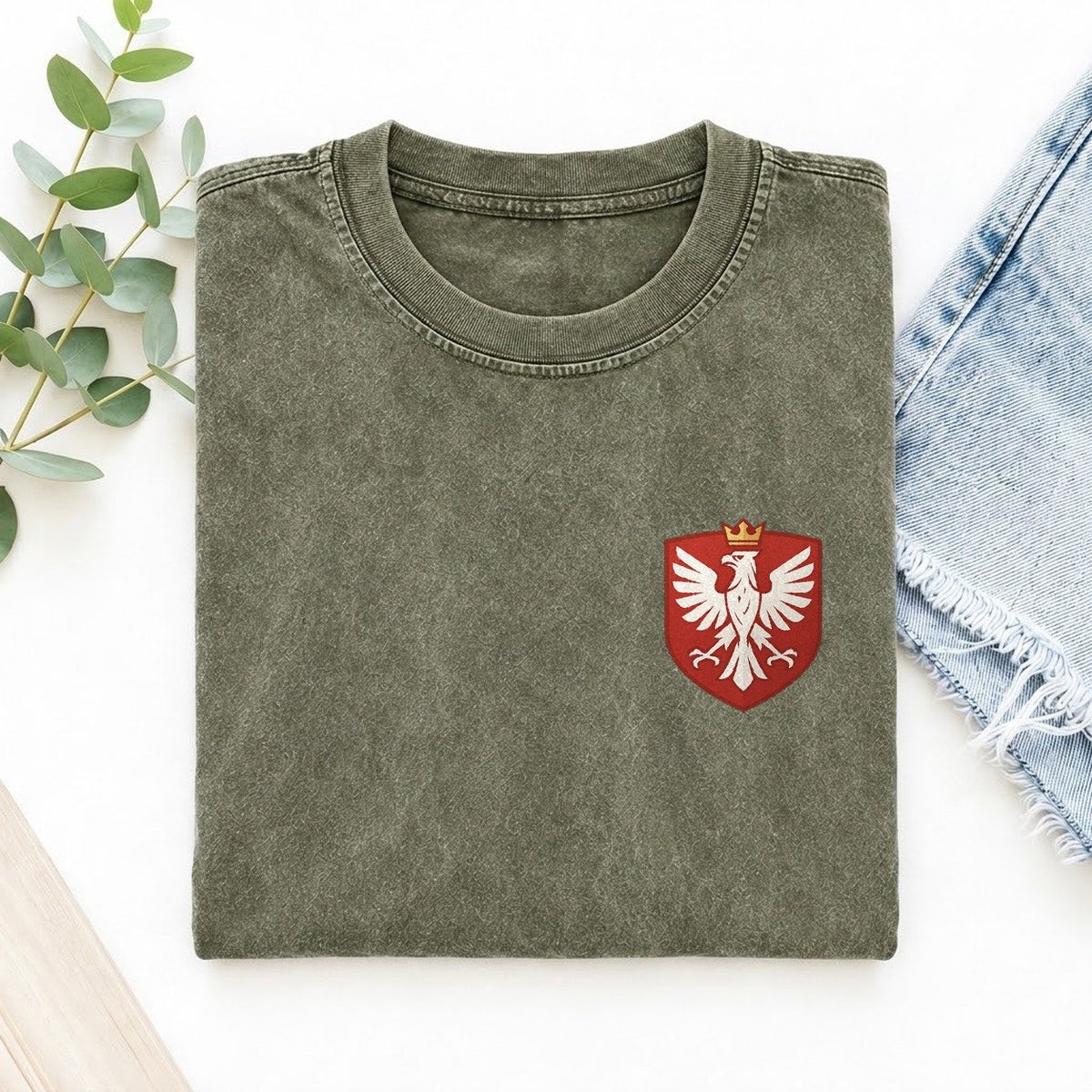 Poland White Eagle Left Chest Vintage T-shirt – Army Green