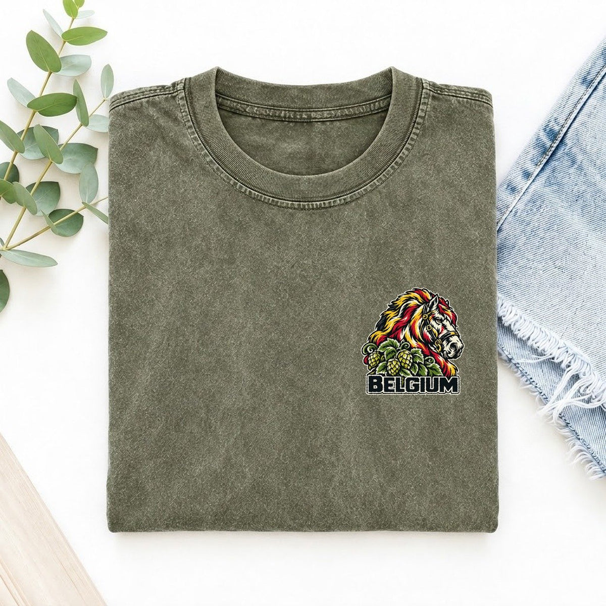 Belgium Country Pride Left Chest Vintage T-shirt – Army Green