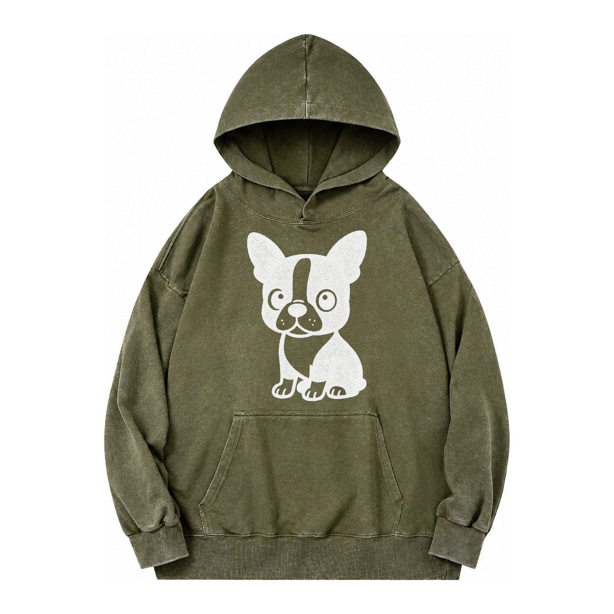 Boston Terrier Black And White Sitting Pose With Tuxedo Mark Vintage Washed Hoodie – Army Green